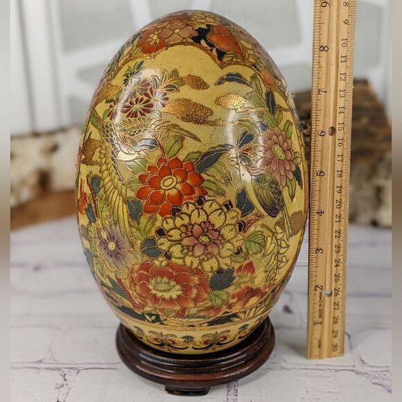 Vtg Asian Hand Painted 9" Tall Satsuma Style Egg with Stand - Picture 10 of 11